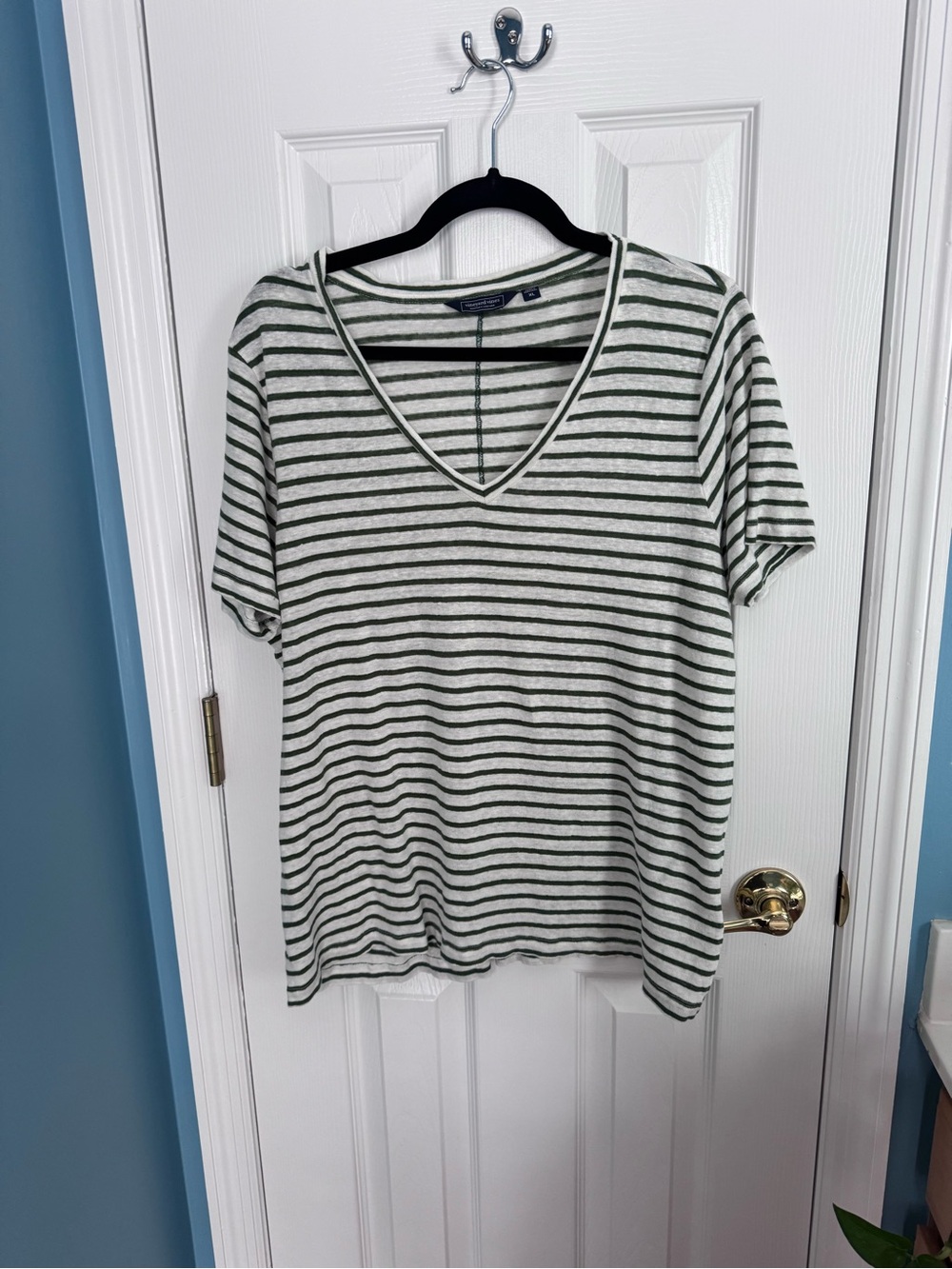 Vineyard Vines Linen Green and White Striped V-Neck Tee